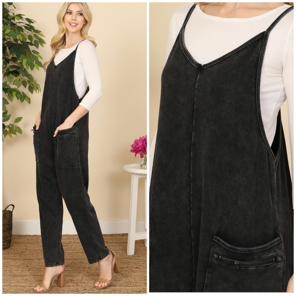 Ces Femme Washed Black Soft Knit Jumpsuit Overalls - Picture 5 of 7